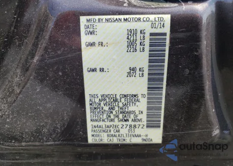 2014 Nissan Altima 2.5 z USA, uszkodzony, nr VIN 1N4AL3AP2EC278872